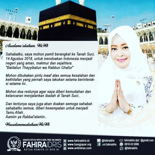 Fahira Idris memohon maaf lahir dan batin, untuk tunaikan Ibadah Haji 14 Agustus 2018